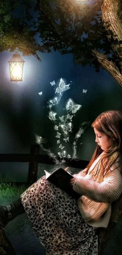 Girl reading at night under lanterns in magical tree setting, fantasy wallpaper.