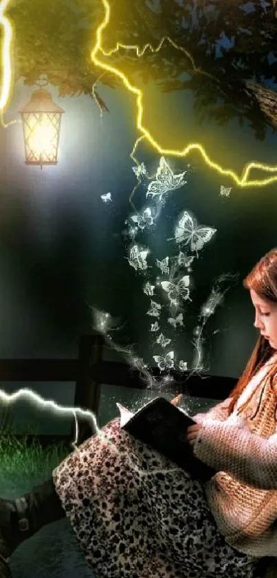 Girl reading beneath tree with magical butterflies and a glowing lantern.