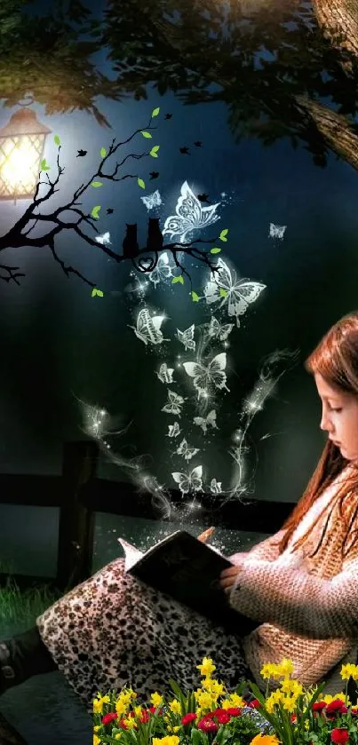 Girl reading under a lantern in a magical forest with butterflies.