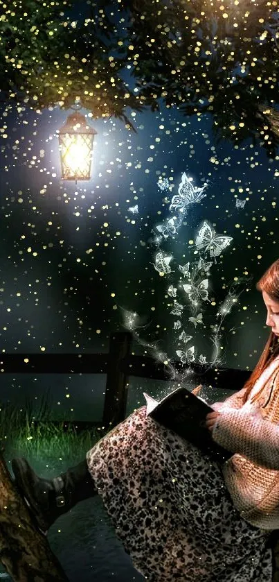 Girl reading under lantern with butterflies and fireflies glowing at night.