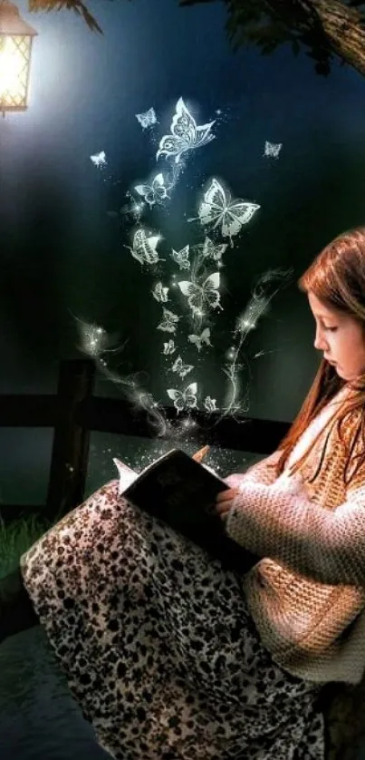 Girl reading under a lantern, surrounded by glowing butterflies at night.