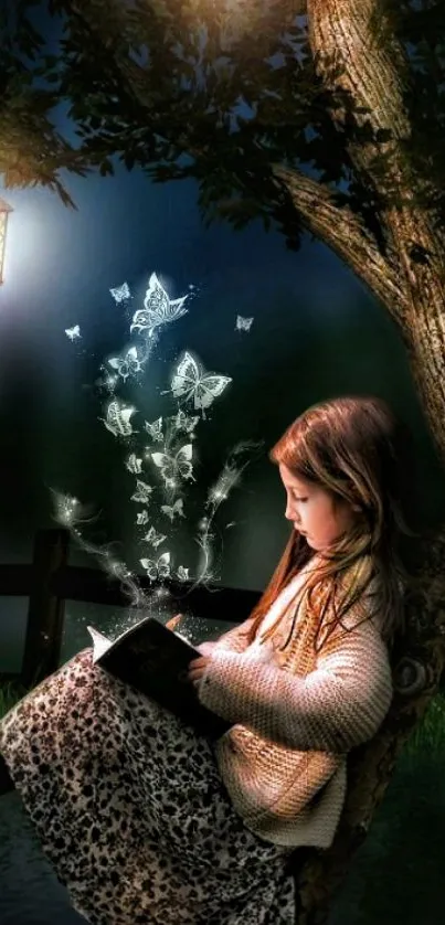 A child reads under lanterns, surrounded by magical butterflies at night.