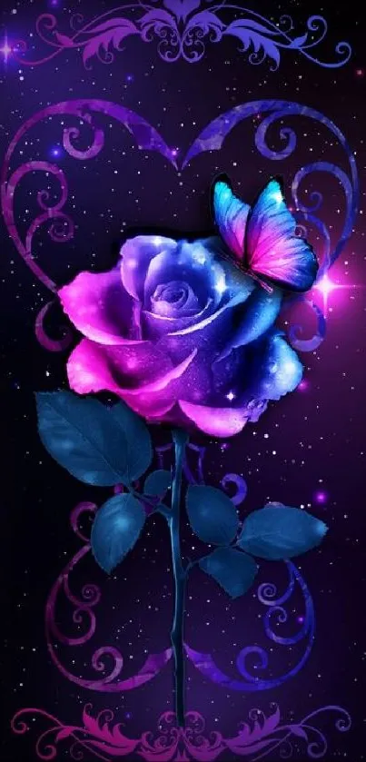 Purple rose with butterfly in a starry night background.