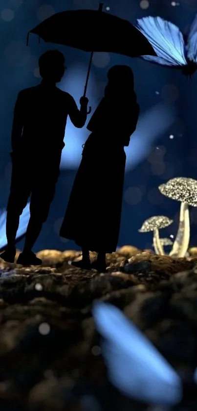 Silhouette couple under umbrella with glowing butterflies.