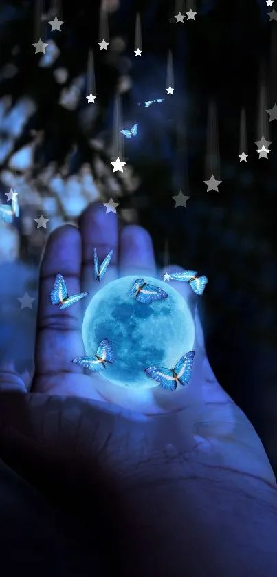 Magical hand holding a luminous moon with glowing butterflies and stars.