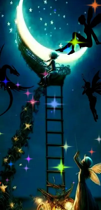 Fantasy scene with ladder to moon and fairies in the sky.