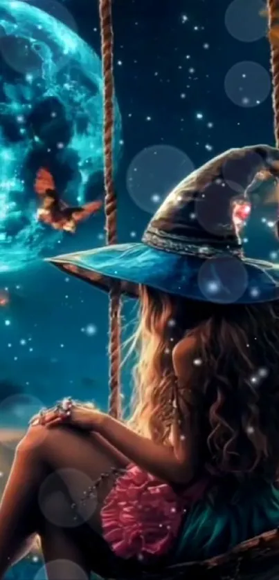 Fantasy art of a witch under a blue moon.