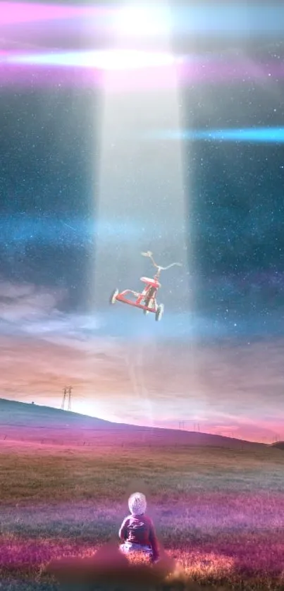 Child gazing at fantasy sky with bright lights and colors.