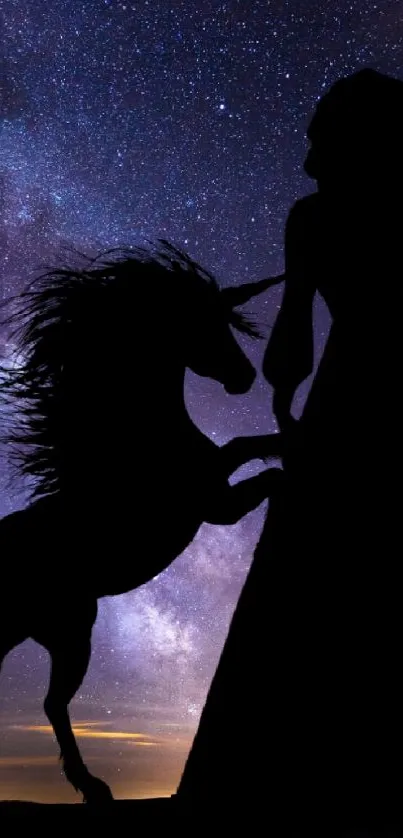 Silhouette of unicorn and woman under a star-filled night sky.