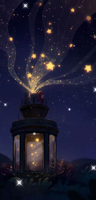 A magical lighthouse emits stars into a dark, dreamy night sky.