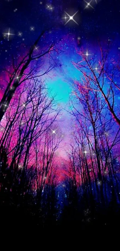 Enchanting night sky wallpaper with vibrant colors and mystical forest.