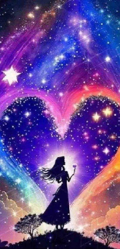 Silhouette of a girl with cosmic heart night sky wallpaper.