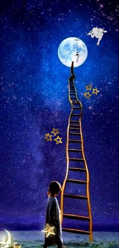 Night sky wallpaper with ladder to the moon and stars with deep blue hues.