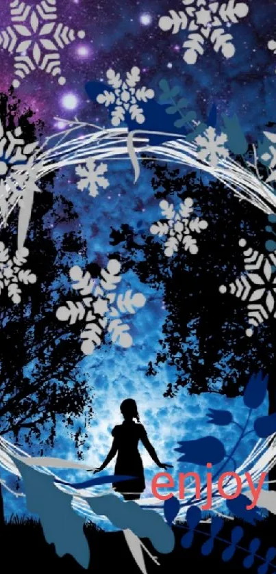 Whimsical night sky wallpaper with silhouette and snowflakes.