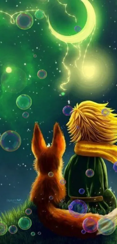 Enchanting night sky with boy and fox under a crescent moon.