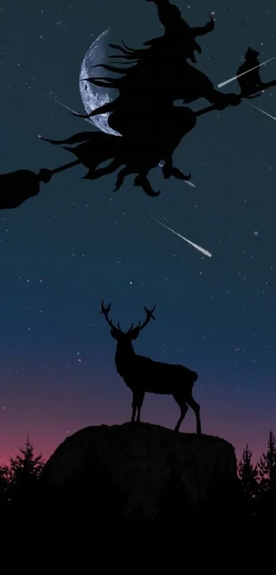 Silhouette of a witch flying over a night sky with a deer below.