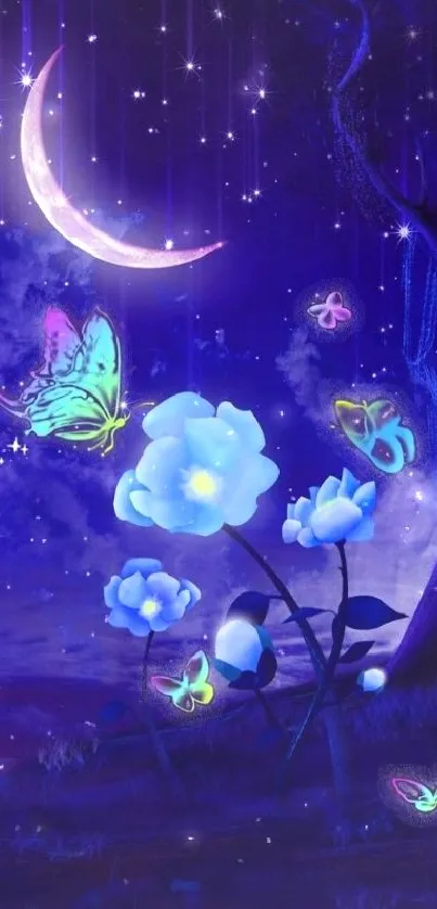 Magical night scene with moon, butterflies, and glowing flowers.