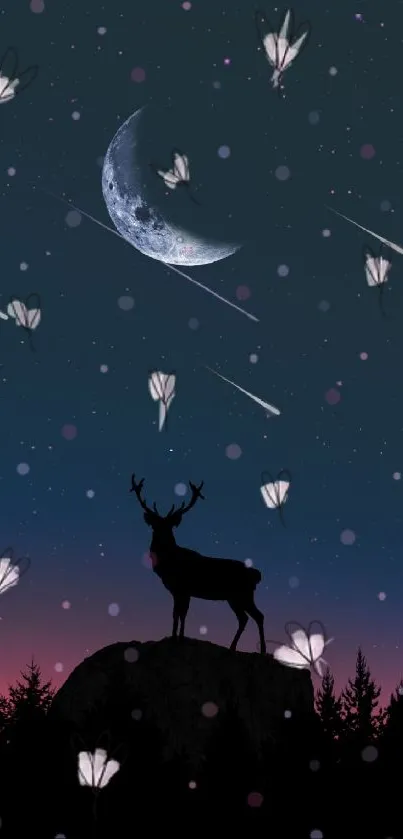 Silhouette of deer under crescent moon with stars in dark night sky.