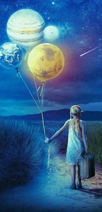 Fantasy wallpaper of girl with planet balloons under a starry sky.