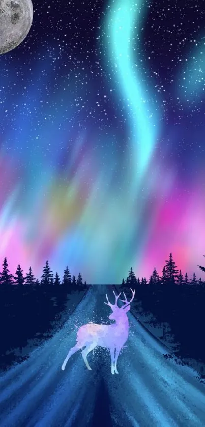 Aurora borealis with deer in a moonlit forest scene.