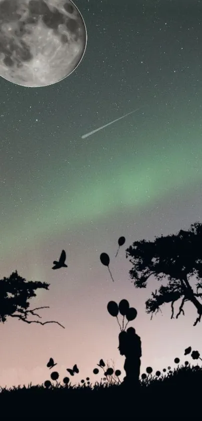Silhouetted trees under a night sky with a moon and shooting star.