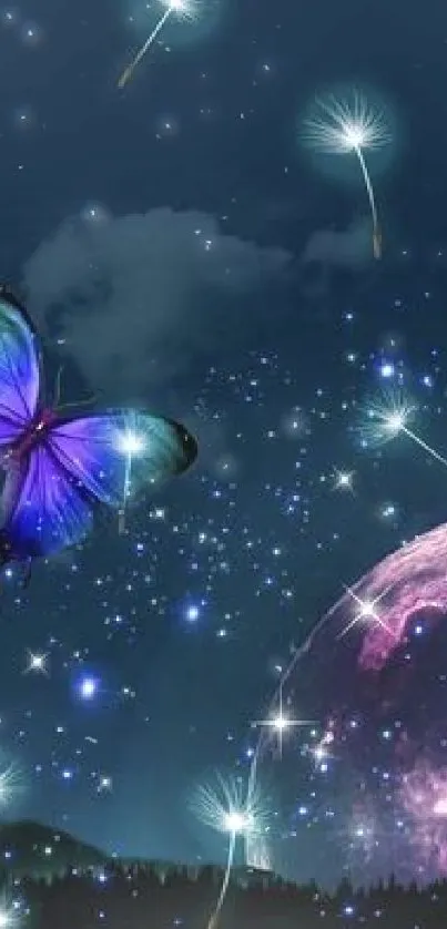 A purple butterfly and moon with glowing dandelions in a dark night sky.