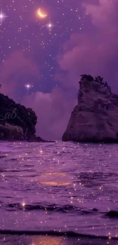 Purple night sky with stars and crescent moon reflecting on the sea.