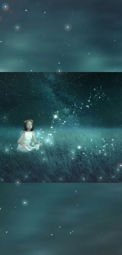 Child gazing at night sky with stars.