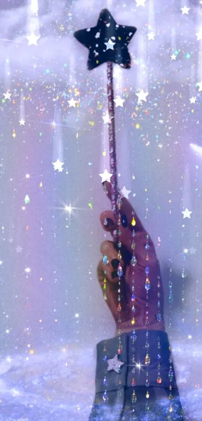 A hand holding a star wand under a magical night sky with a crescent moon.