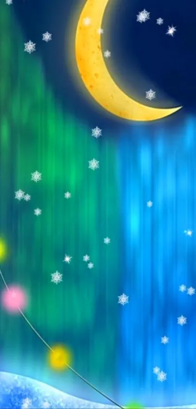 Mobile wallpaper of a crescent moon with snowflakes and colorful lights.