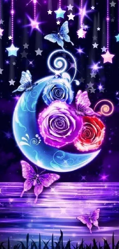 Magical night sky with butterflies and stars in purple hues.