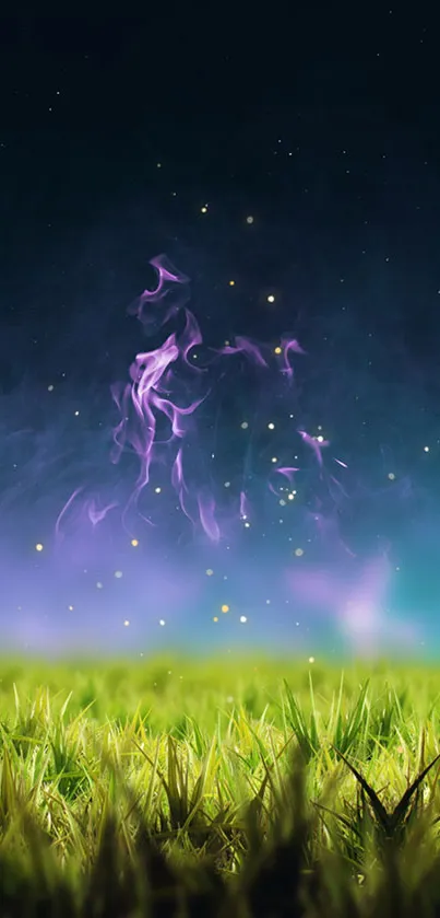 Mobile wallpaper featuring a glowing purple aura in a night sky over green grass.