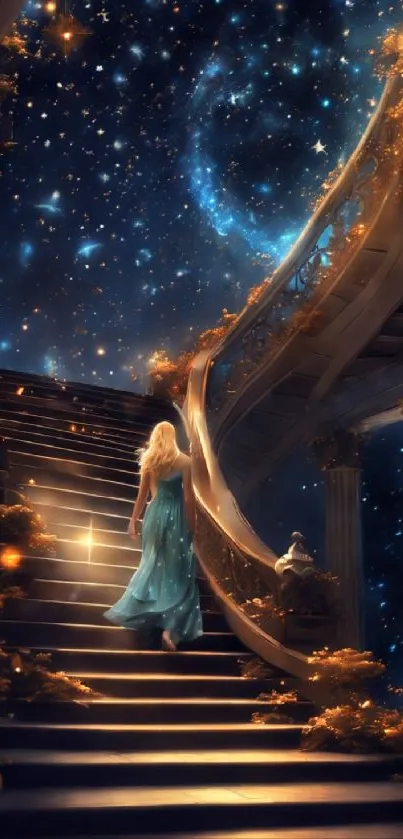 Woman ascending a magical, starry staircase under a deep blue night sky.