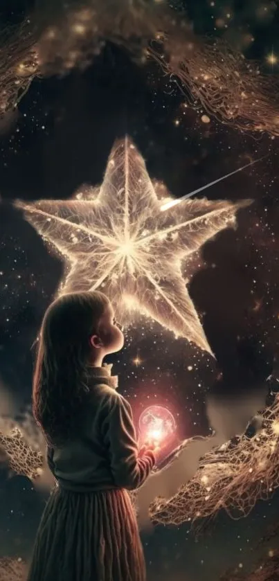 Girl gazing at a star in a magical night scene wallpaper.