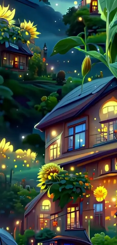 Whimsical night scene with glowing sunflower houses.