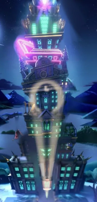 Magical tower with neon lights under a moonlit sky in fantasy style.