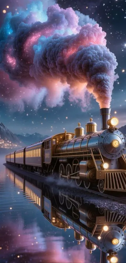 Magical train journey through starry landscape with galactic clouds.