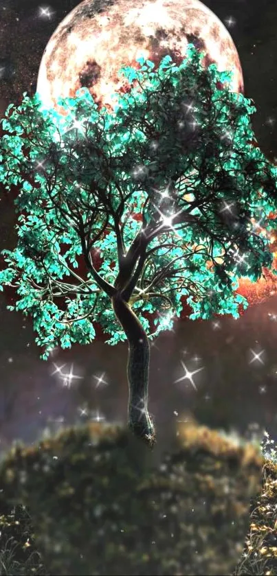 Magical tree with teal leaves under a full moon in a starry night sky.