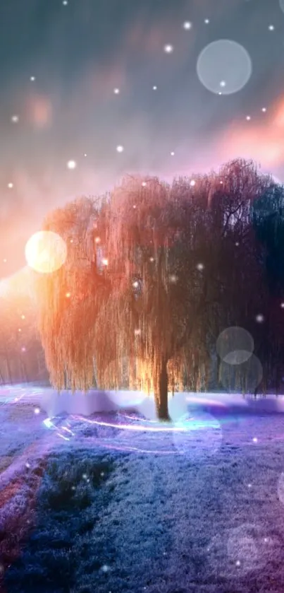 Mystical tree with glowing lights under a dreamy, starry sky.