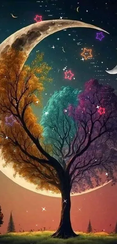 Surreal tree with colorful leaves under a crescent moon in a starry night sky.