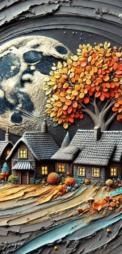 Fantasy village with moonlit night and autumn tree.