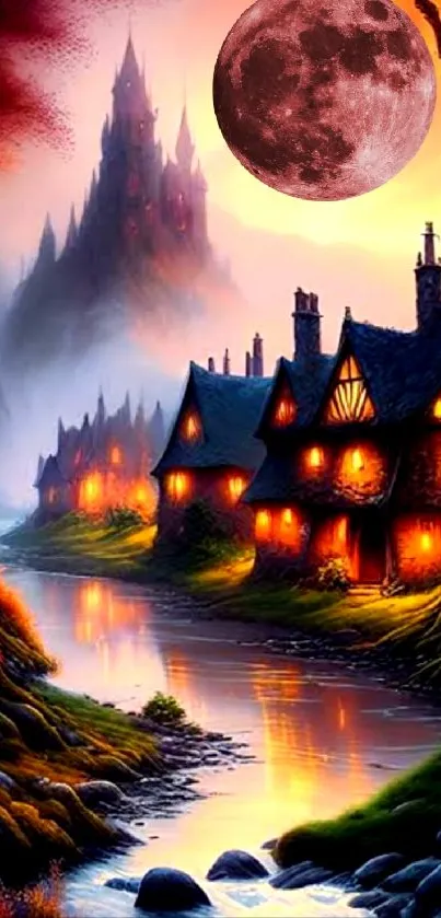 A magical village at night with a full moon and glowing windows.