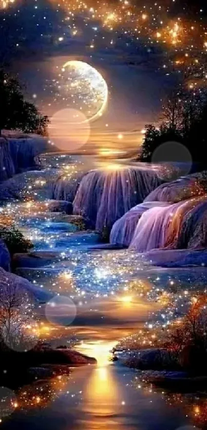 Fantasy night scene with waterfall and stars in a magical wallpaper.