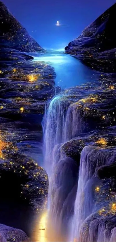 Magical night waterfall with glowing cascades under a starry sky on mobile wallpaper.