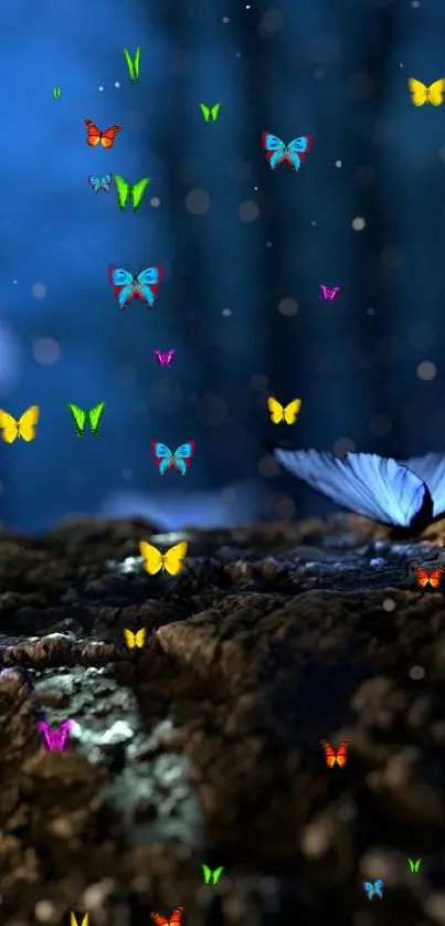 Blue butterflies glow in a dark mystical forest scene.