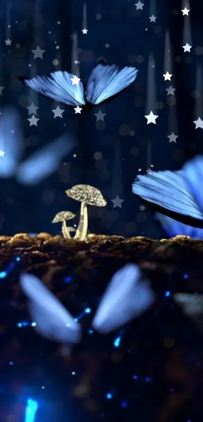 Magical night scene with mushrooms, butterflies, and stars.