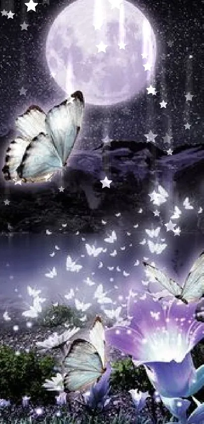 Luminous butterflies flutter under a vibrant full moon on a starry night.