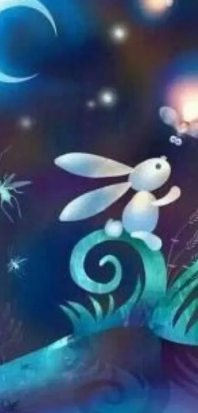 Whimsical bunny under crescent moon on a magical night.