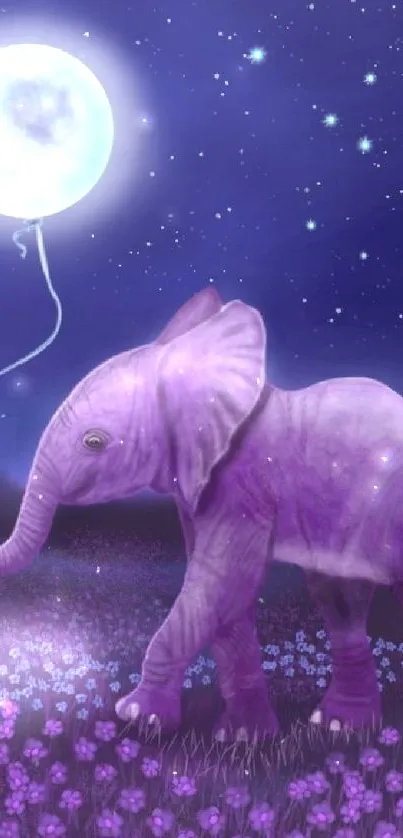 Purple elephant under moonlit night with stars in mobile wallpaper.