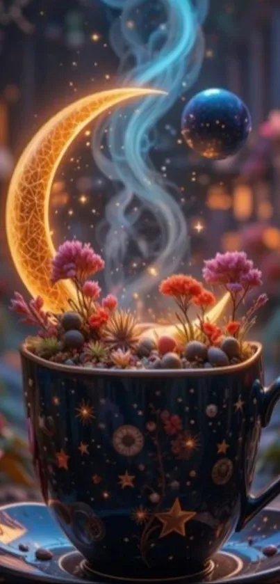 A fantasy artwork of a celestial nightscape with a glowing moon and vibrant flowers.
